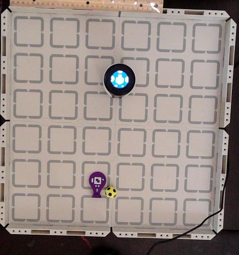 Real overhead camera, end of Model A · attempt 1: knocked the tag down with a kicked ball